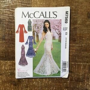 McCalls Sewing Pattern M7569 Lace Keyhole Trumpet Wedding Dress Prom 14-22 UNCUT